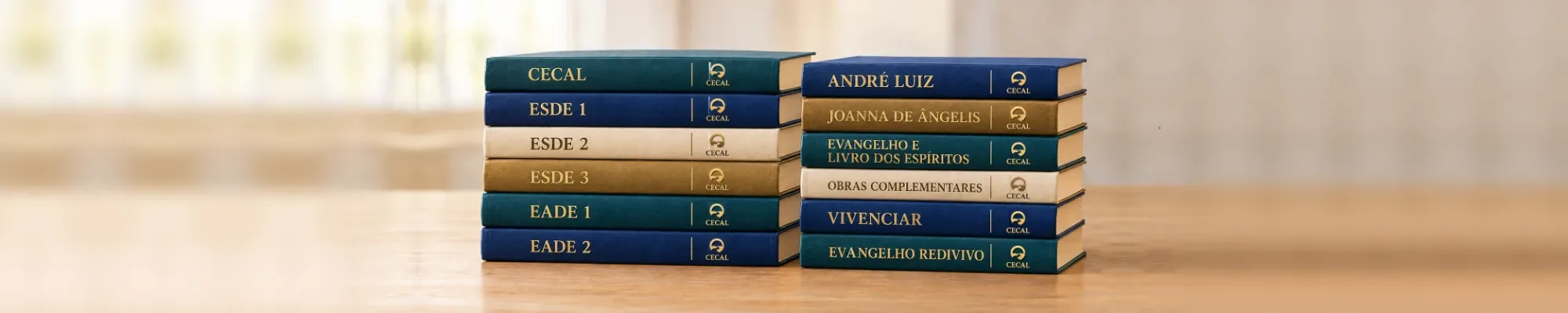 Duas pilhas de livros com os nomes dos grupos de estudo do CECAL nas lombadas.